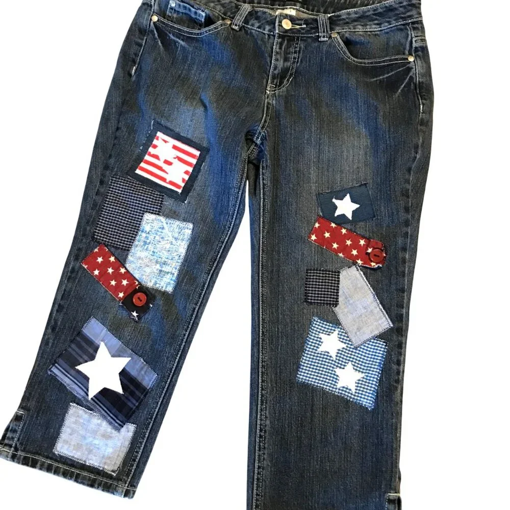 Upcycled Patchwork Capris Denim Shorts, Patriotic Star Patches, Size 10 Petite - Picture 1 of 13